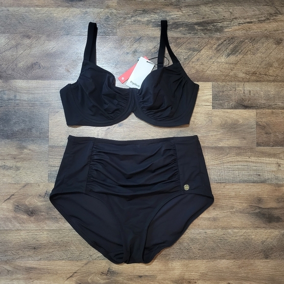 Popilush Women's Black 2-Piece Ruched Shapewear Tummy Control Swimsuit Set  L - Picture 4 of 12